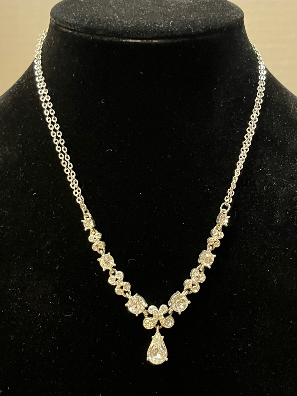 Vintage Napier Sparkly Rhinestone & Silver Tone Dual Chain Necklace Prom Wedding